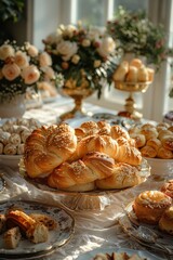 traditional Ukrainian wedding bread korovai, ornate table, realistic style, warm sunlight, neutral beige and gold tones, centered composition with negative space around,