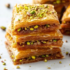Turkish baklava slices with crushed pistachios scattered on a white background