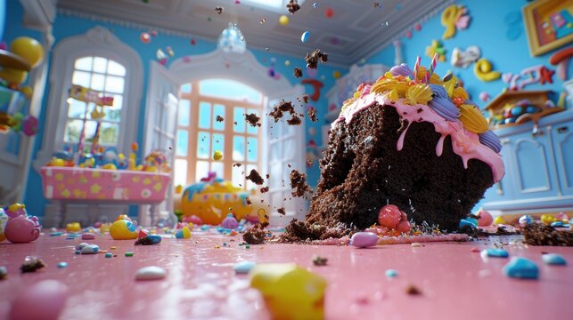 A chaotic birthday party scene, with a giant chocolate cake collapsing