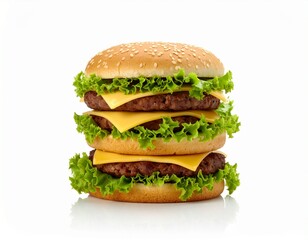 "Still life photograph: perfectly stacked hamburger with melted cheese and crisp lettuce. Natural, mouth-watering food tones. Elegant, minimalist white studio background with subtle shadows, intricate