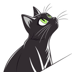 Obraz premium A black cat looks upward with green eyes in a vector illustration