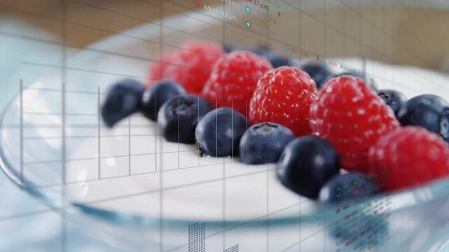 Camera pulling back causing yogurt bowl data overlay, bars rising to show fruit stats
