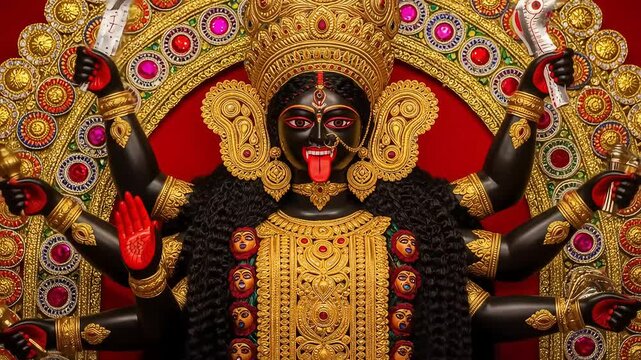 Detailed Statue of a Hindu Deity with Multiple Arms Gold Adornments and a Red Background