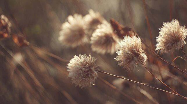 Backlit seed heads with airy, fluffy texture, dried in late autumn light - Powered by Adobe