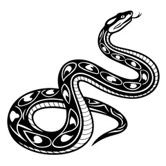 Fototapeta premium A black and white snake with an ornate pattern is coiled and ready to strike