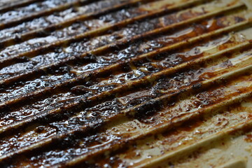 dirty white circle pan after cooking in home