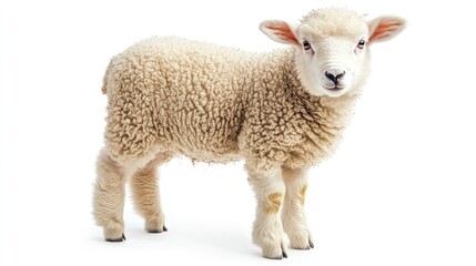 A fluffy lamb standing on a white background looking at the camera with a curious expression on its face