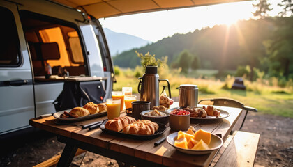 Fototapeta premium A delicious camping breakfast displayed on a table next to a van perfect for outdoor dining and gatherings