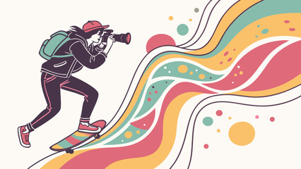 Woman on skateboard taking a picture with colorful abstract wave design behind her in a whimsical style