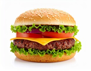 "Close-up food portrait of a juicy hamburger. Deep, rich, and appetizing food colors that pop against a pristine cinematic white backdrop. Ultra-detailed, full HD, studio lighting."