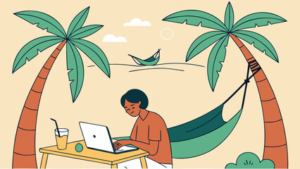 Person working on laptop at beach with palm trees hammock and drink creating a tropical office setting