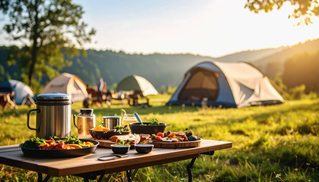 Picnic table set with delicious food and teapot for camping meal ideas with copy space for text and no people