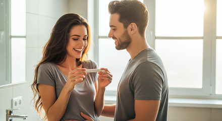A couple looking at a pregnancy test together, sharing a joyful and emotional moment. Generative Ai.