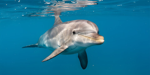 Fototapeta premium Bottlenose Dolphin Underwater Portrait Curious Gaze Vibrant Blue Ocean.