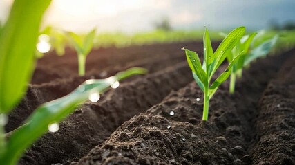 Young corn seedlings emerging from dark soil, morning dew