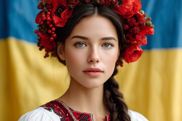 Naklejka premium Portrait of a young woman in traditional Ukrainian clothing with a red floral headdress, standing in front of a Ukrainian flag