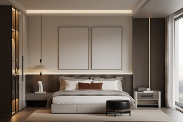 Modern Minimalist Bedroom Interior Frame Poster Mockup – 3D Rendering