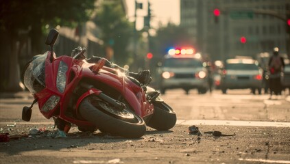 A red motorcycle is lying on its side in the middle of an intersection, after having been hit by another car. 