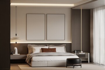 Modern Minimalist Bedroom Interior Frame Poster Mockup – 3D Rendering