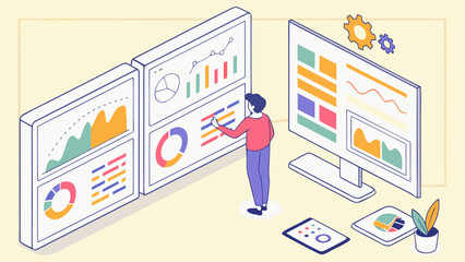 Man interacting with data dashboards and computer screen displaying information graphics