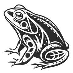 A detailed black and white vector illustration of a frog with intricate