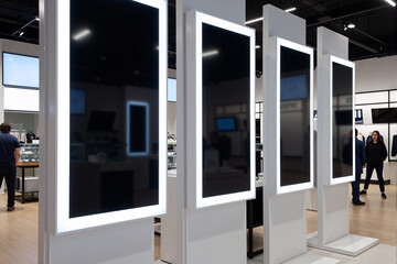 Row of modern vertical digital kiosks in a showroom or event space, interactive screens for information, advertising, and digital signage in a contemporary setting