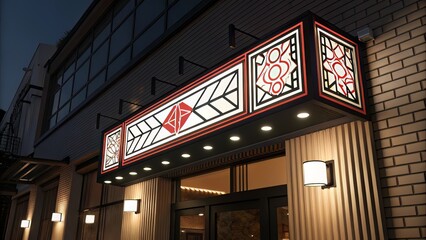 Obraz premium Corrugated Wall Sign with Geometric Frame and Soft Night Lighting for Sleek Outdoor Displays