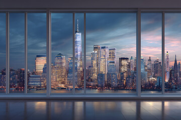 Stunning City Skyline View from Modern Office Window at Dusk