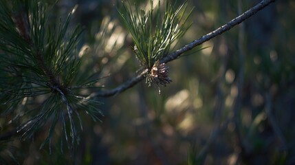 Pine branch close-up, green needles, soft blurred background, natural sunlight