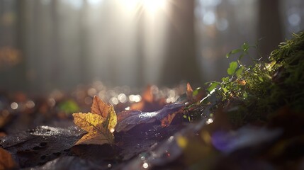 Sunlit forest floor with fallen leaves and moss glows on an early autumn morning