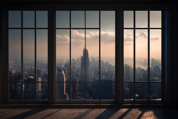 Fototapeta premium Stunning Urban Skyline View from a High-Rise Building Window