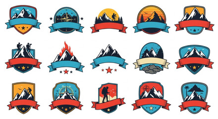 Vector Mountain Badges Collection with Blank Ribbon Banners &ndash; Hiking, Camping, Adventure Emblems