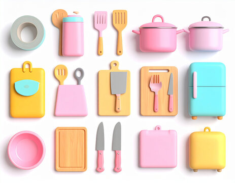 A colorful, stylized collection of various kitchen utensils and cookware arranged on a white surface.