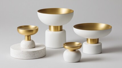 Four minimalist vessels two larger, two smaller; white matte bodies with gold-toned rims and bases; varying heights and marble/stone components