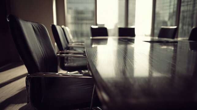 Dark chairs flank a boardroom table near a large, bright window, empty waiting