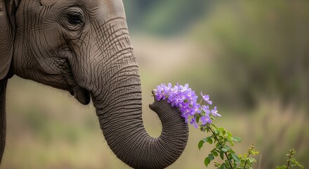 Close-up of an elephant's trunk holding delicate purple flowers against a soft, natural backdrop, concept for wildlife conservation, environmental awareness and gentle giants advocacy.