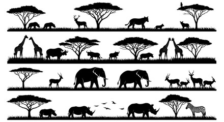 set of animals vector silhouettes icon , silhouettes of african wildlife and trees in horizontal rows on white background 