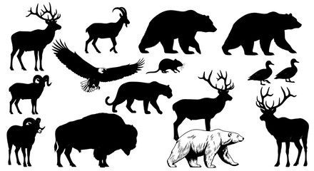 set of animals vector icon , Silhouette illustration featuring a variety of north american wildlife 


