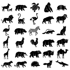 set of animals vector silhouettes icon, collection of various animal silhouettes including mammals birds and reptiles 