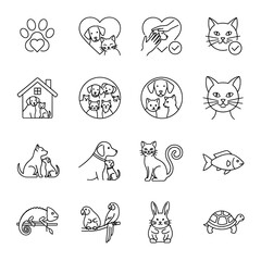 Collection of line art pet icons including dogs cats birds and reptiles set of animals vector silhouettes icon