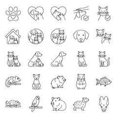 Collection of various outline pet icons including dogs cats and other animals set of animals vector silhouettes icon