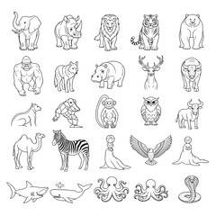 set of animals vector silhouettes icon , various cartoon animal outlines arranged in a grid pattern on white paper 