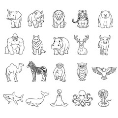 set of animals vector silhouettes icon , Various cartoon animal outlines arranged in a grid pattern on white paper 