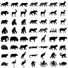 set of animals vector silhouettes icon , A collection of diverse animal silhouettes arranged in a grid pattern view 
