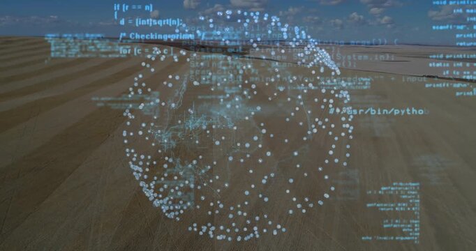 At sequence start digital sphere forming over field, rotating to reveal Python code