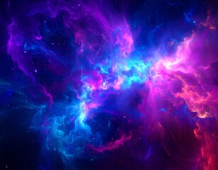 Cosmic nebula swirls in vibrant blue and purple hues, showcasing celestial gas and dust formations.