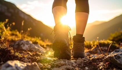 A person navigates rocky terrain on a hiking trail, with close up shots of hiking boots and vibrant sunlight illuminating the surrounding landscape at sunset.