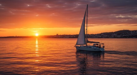 Sailboat at Sunset on Calm Ocean