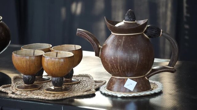 Crafts made from coconut shells. An effort to reduce waste.