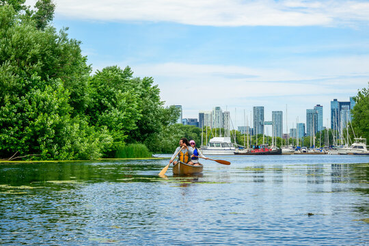 paddling on the toronto islands on a summer day: young adult couple in light brown kevlar canoe with city skyline in background room fof text